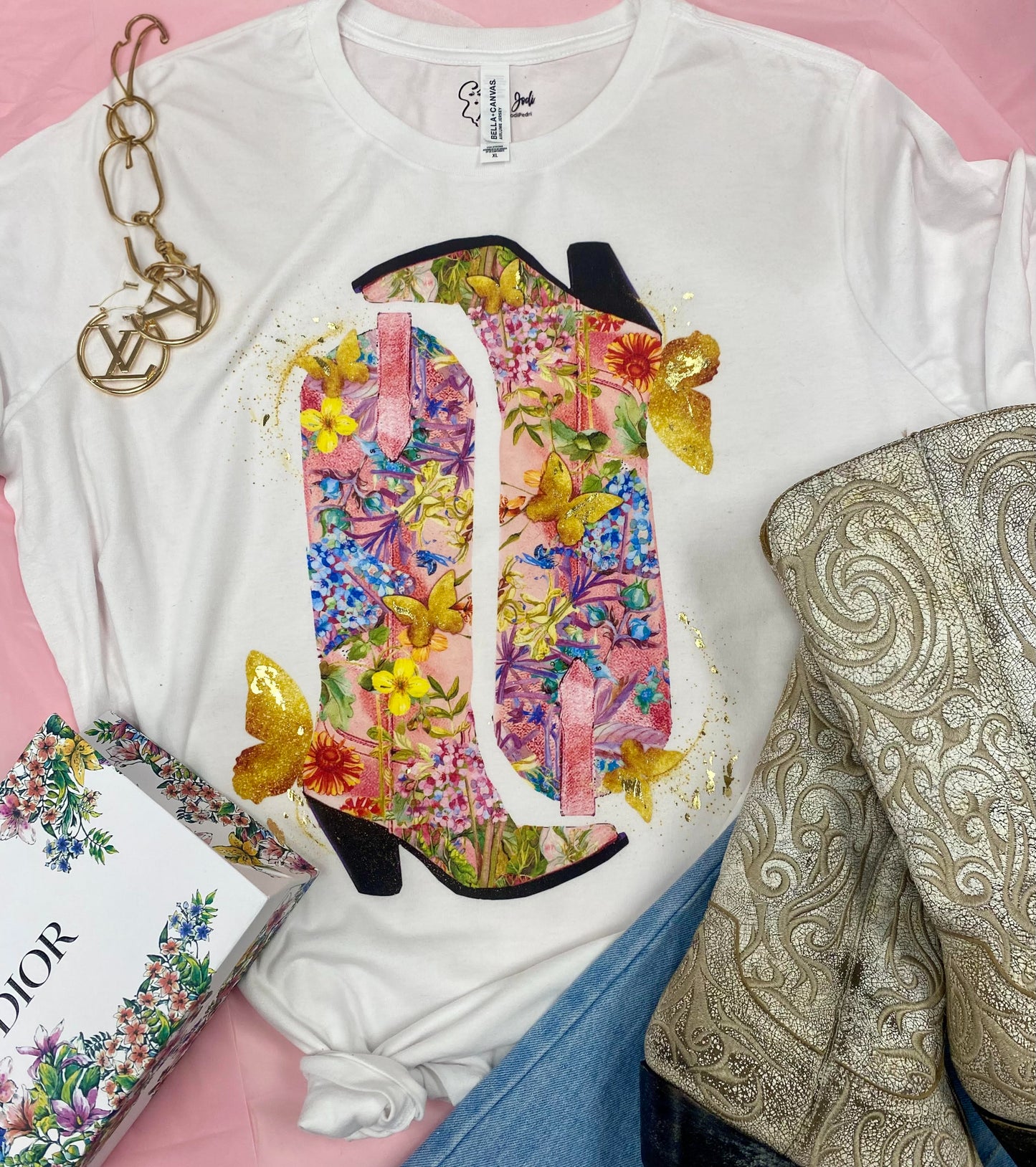 Pink Floral Boots Western T-shirt